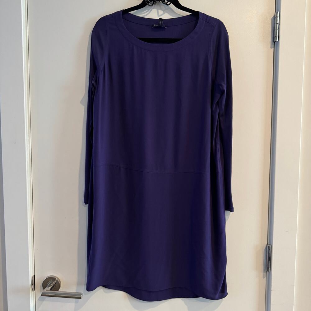 Eileen Fisher Silk Mini Dress Purple Crew Neck Pullover Long Sleeve Sz PS - Picture 1 of 4